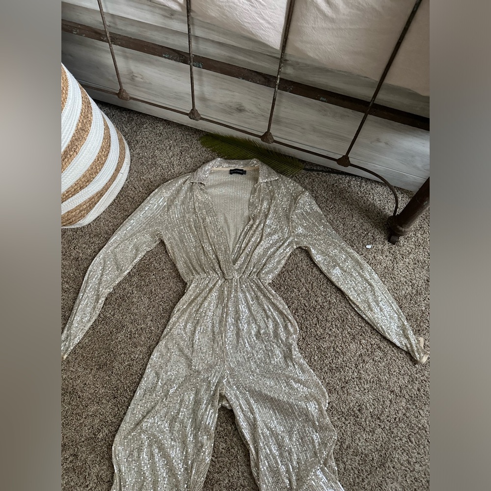PRETTY LITTLE THING- Beige sequin jumpsuit